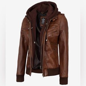 Women's Bomber Cognac Brown Leather Jacket with Removeable Hood